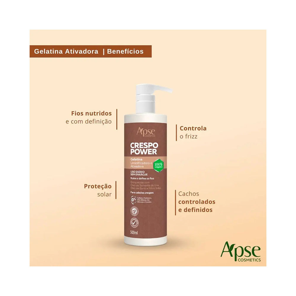 Gelatina Apice Crespo Power Ativadora e Umidificadora 500ml com texto explicativo dos benefícios ao redor em fundo bege claro